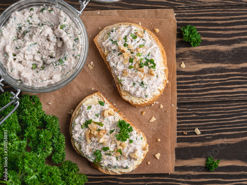 Fotografie, Obraz Tasty sandwiches with healthy chicken paste chopped walnuts and parsley