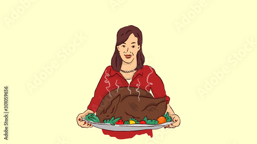 isolated modern housewife in elegant red dress serving hot turkey for thanksgiving family dinner Hand drawn style vector design illustrations