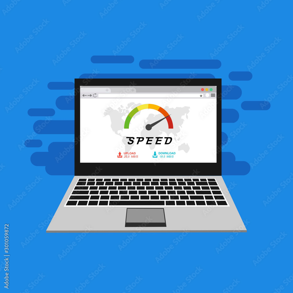 Speedometer Internet Speed with laptop icon. Modern vector illustration concept, isolated on colored background Speedometer Internet Speed with laptop icon. Modern vector illustration concept, isolated on colored background