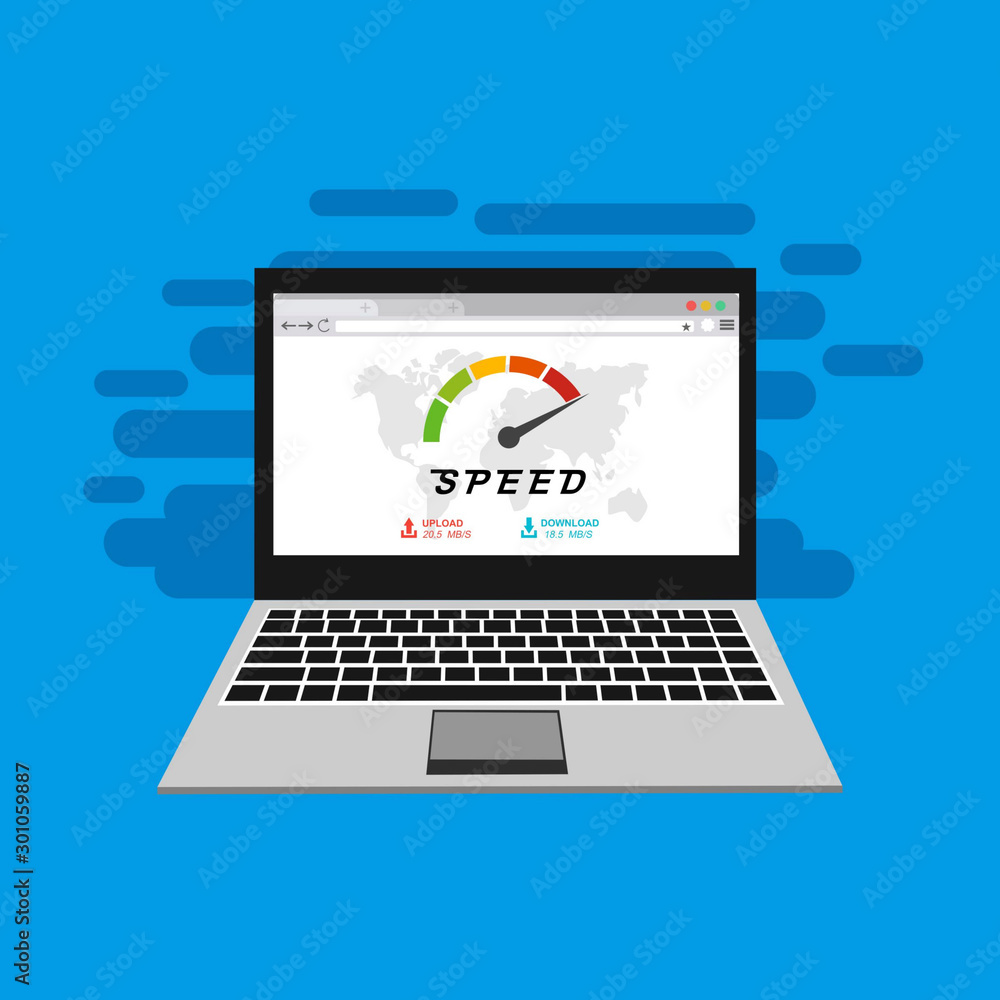 Speedometer Internet Speed with laptop icon. Modern vector illustration concept, isolated on colored background Speedometer Internet Speed with laptop icon. Modern vector illustration concept, isolated on colored background