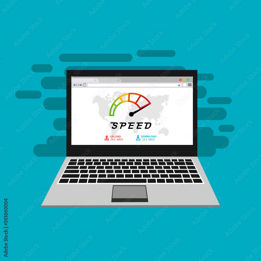 Speedometer Internet Speed with laptop icon. Modern vector illustration concept, isolated on colored background Speedometer Internet Speed with laptop icon. Modern vector illustration concept, isolated on colored background