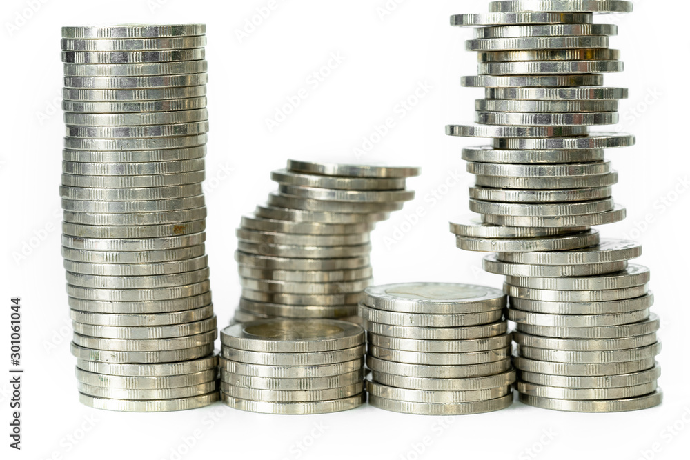 Saving money concept of business concept with coin stacks isolated on white background Saving money concept of business concept with coin stacks isolated on white background