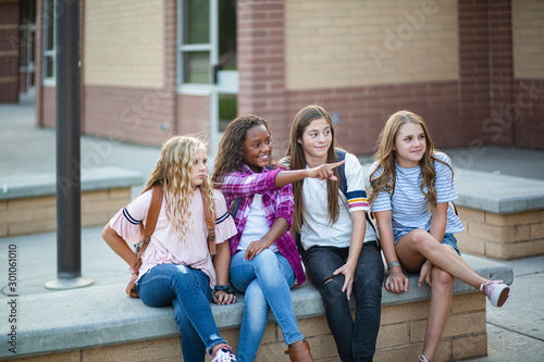 Candid photo of a group of teenage girls socializing, laughing and talking together at school. A multi-ethnic group of real junior high aged students sitting outside a school building