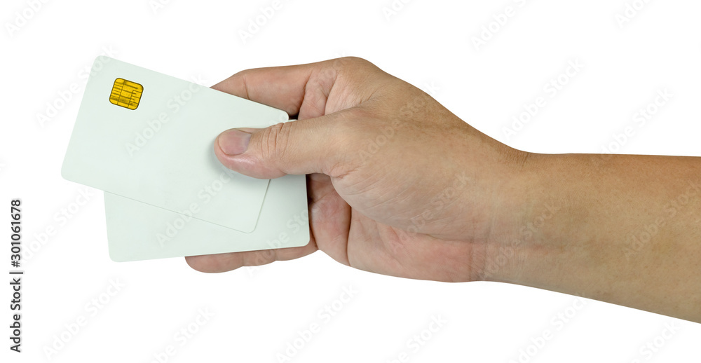 Hand holding twain blank white credit card isolated on white background,Plastic debit-card,include clipping path Hand holding twain blank white credit card isolated on white background,Plastic debit-card,include clipping path