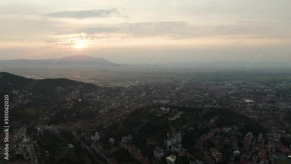 4K Drone Aerial Tilt Up Brasov Romania Sunrise Dawn City Center Black Church 4K Drone Aerial Tilt Up Brasov Romania Sunrise Dawn City Center Black Church
