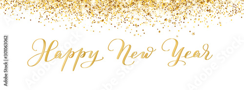 Merry Christmas and New Year card design. Gold glitter decoration