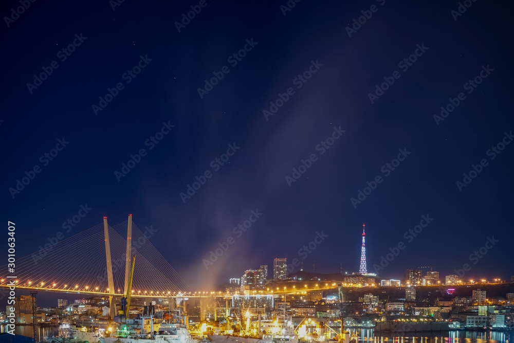 Fototapeta premium Night landscape of Vladivostok overlooking the Golden bridge