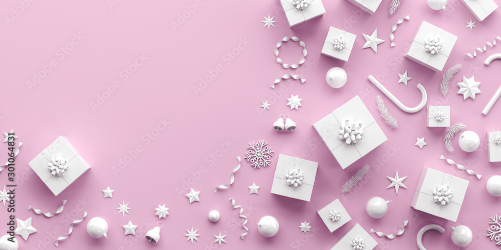 Merry Christmas and happy new year background. Christmas background design with white ornaments on pink background. 3D illustration. Merry Christmas and happy new year background. Christmas background design with white ornaments on pink background. 3D illustration.
