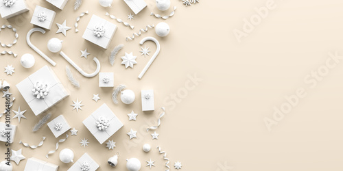 Merry Christmas and happy new year background. Christmas background design with white ornaments on light background. 3D illustration. © Salih