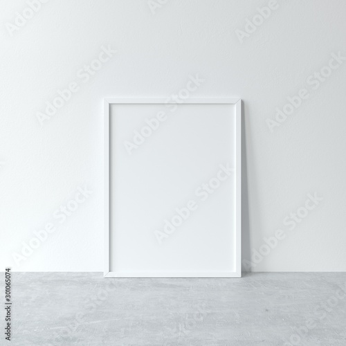 Vertical white frame mockup. Minimal white frame on concrete floor. 3d illustrations.