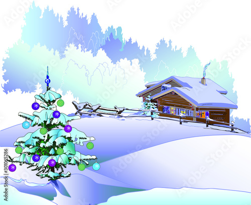 Christmas tree and a small wooden house in the winter forest.