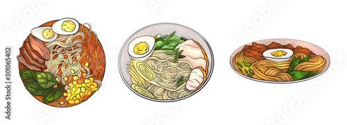 Set of cartoon dishes with noodles. Japanese traditional ramen. Asian different lunch. The object is separate from the background. Vector element for menu, recipes and your design.