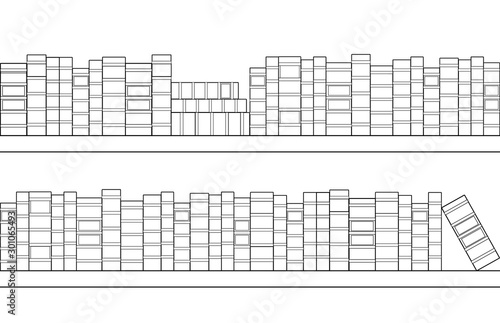 Seamless outline bookshelves with books. Library and file cabinet. Knowledge and education. Contour vector border for frames, backgrounds, cards and your design.