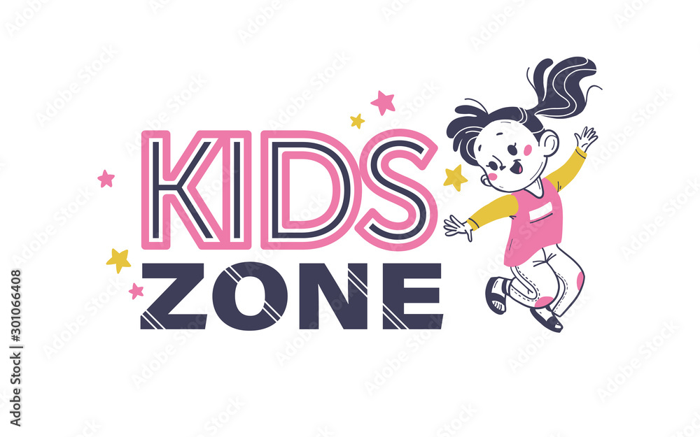 Kids zone emblem design with kids zone text, stars, happy girl jumping isolated on white background. Hand drawn vector illustration. For party decor, banner, playroom, playground backdrop. Kids zone emblem design with kids zone text, stars, happy girl jumping isolated on white background. Hand drawn vector illustration. For party decor, banner, playroom, playground backdrop.