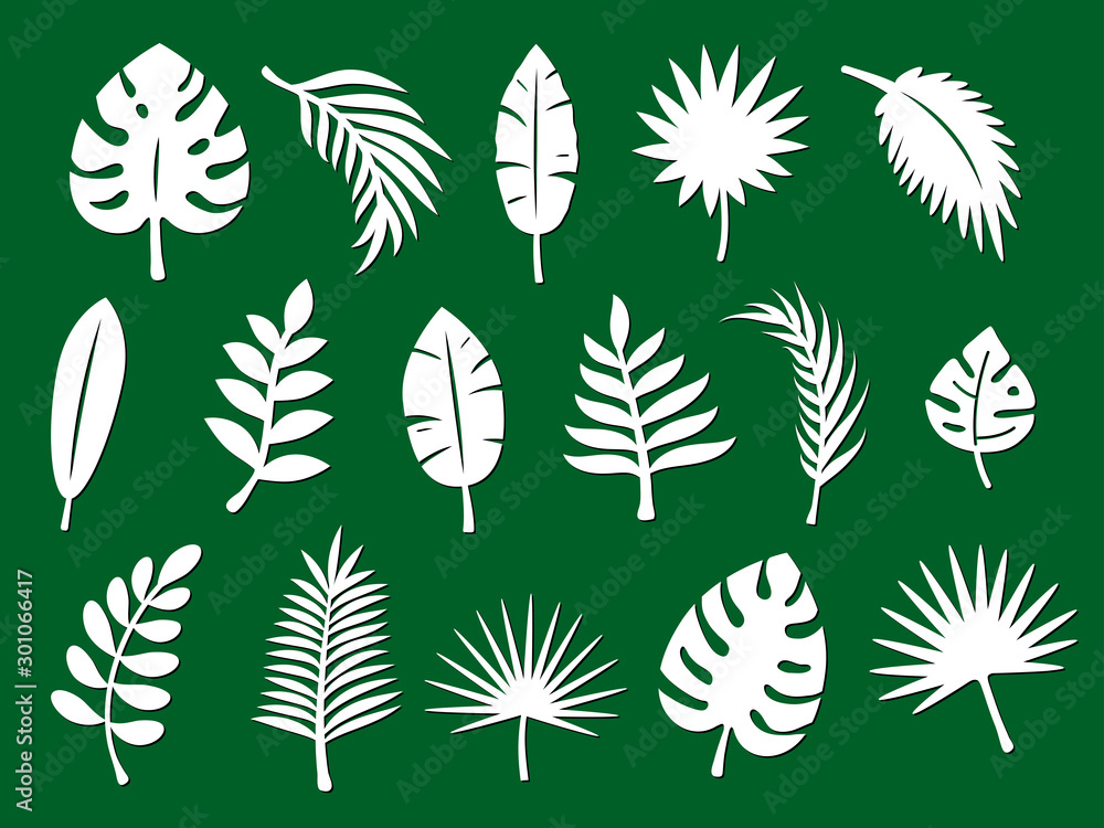 Laser cutting template of tropical leaves, jungle branches. Exotic split foliage of palm isolated on green background. Vector silhouette of elements. Set for wood carving, paper cut, stamp for die cut