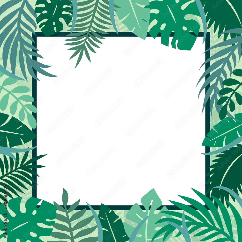 Template of invite card with tropical leaves plants, green jungle branches. Square frame with exotic foliage palm, greenery herb border. Place for text. Vector eco illustration isolated on background. Template of invite card with tropical leaves plants, green jungle branches. Square frame with exotic foliage palm, greenery herb border. Place for text. Vector eco illustration isolated on background.
