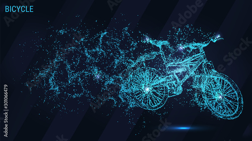 A Bicycle made of particles. The bike consists of dots and circles. Blue Bike on dark background.