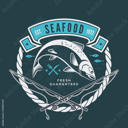 Seafood design concept with jumping salmon fish. Premium Quality Fish Label. Vector illustration