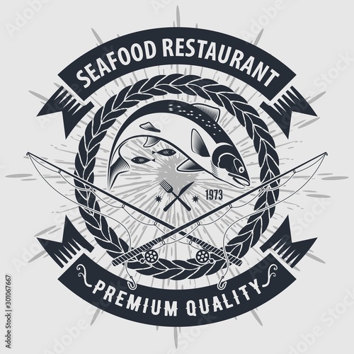 Seafood restaurant poster, banner template with jumping salmon fish. Vector illustration