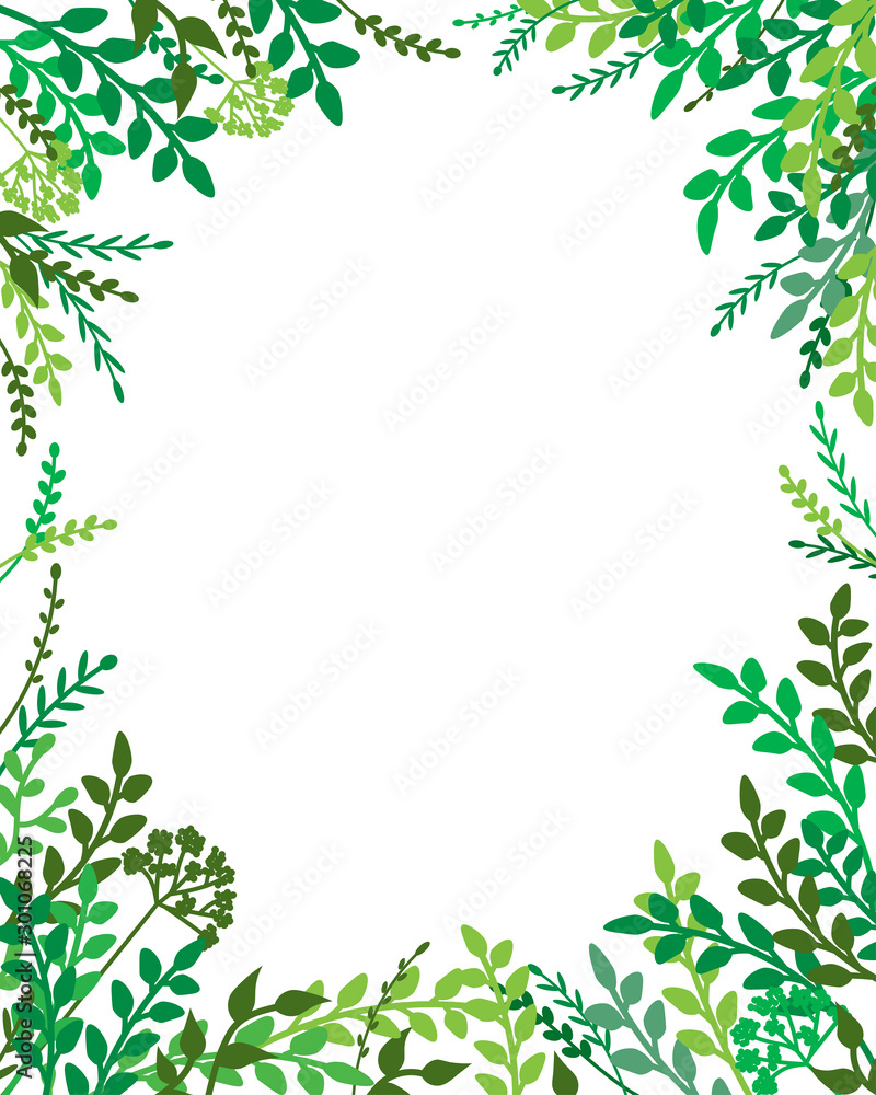 Earth Day banner with spring green leaves, branches. Wedding floral invitation, save the date card design with forest greenery herbs, foliage. Vector frame natural, botanical border, elegant template.