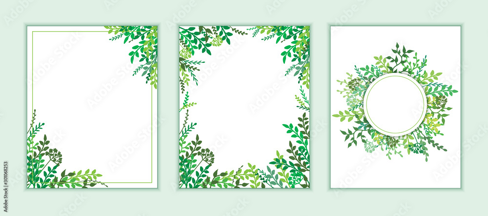 Fototapeta Earth Day banner with spring green leaves, branches. Wedding floral invitation, save the date card design with forest greenery herbs, foliage. Vector frame natural, botanical border, elegant template.