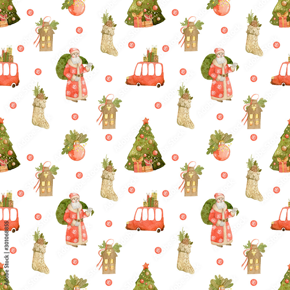 Christmas tree, Santa Claus, gifts watercolor illustration seamless pattern on white background. Christmas tree, Santa Claus, gifts watercolor illustration seamless pattern on white background.