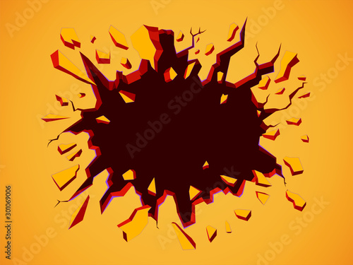 Wall explosion. Black crack in the yellow wall.