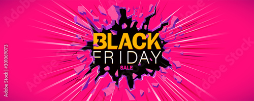 Black friday banner. Wall explosion. Crack in the black wall.