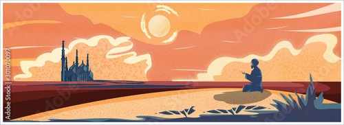 Vector Panorama of Muslim Man Making Traditional Prayer To God in Ramadan celebration Panoramic scene of traveler Muslim life in the desert. cartoon vector of mosque,dust,sand,desert and prayer.
