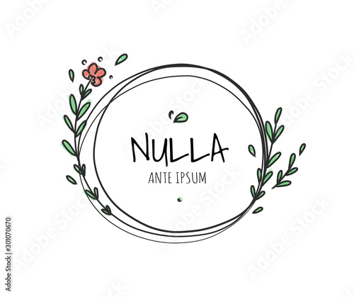 Circle cute hand drawn frame on the white background. Doodle hand drawn decorative outlined wreaths with branches, leaves and flowers. Vector illustration. Circle frame, banner