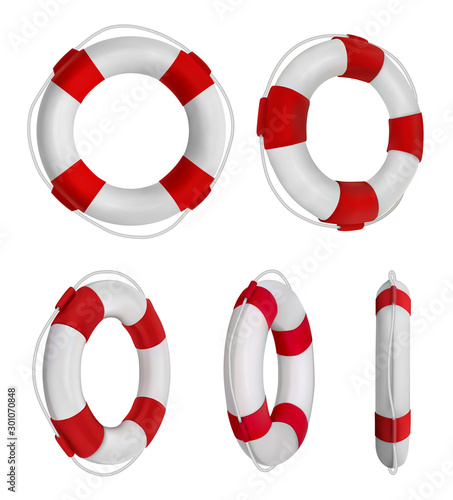 3d rescue life belt illustrations. 5 different perspectives of lifeboat, buoy. Realistic vetor illustration collection. Set of lifeline icons isolated.