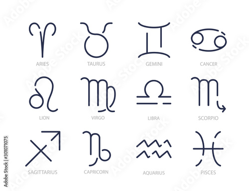 Zodiac signs. Set of simple line zodiac icons with captions. Zodiak vector symbols