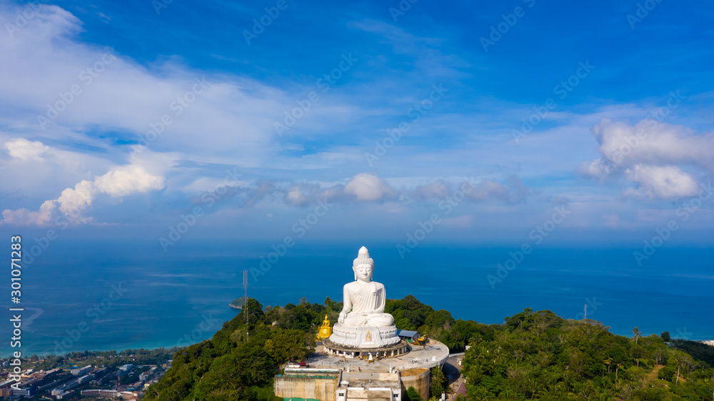 aerial view big Buddha white on the mountain at Phuket Thailand