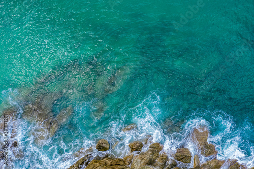 beautiful emerald sea and ocean wave stone aerial view