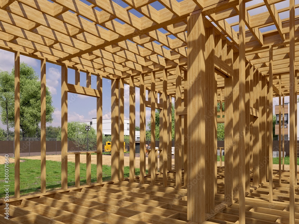 3d image of a frame building under construction. Detailed concept of construction. 3D illustration of frame house. 3d image of a frame building under construction. Detailed concept of construction. 3D illustration of frame house.