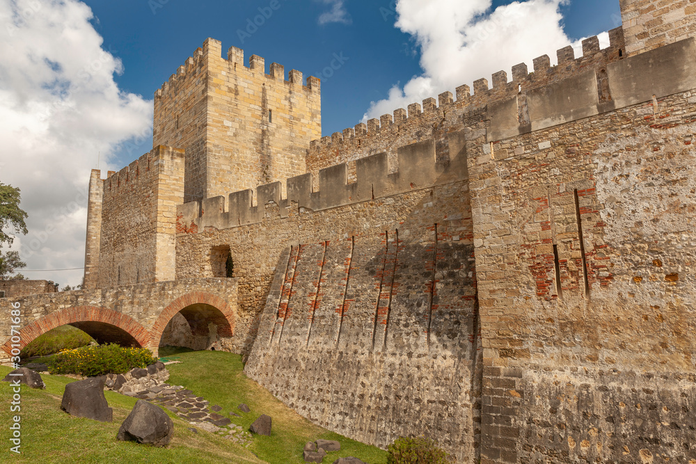 Mighty walls, towers and entrance in Sao Jorge Castle in Lisbon, Portugal