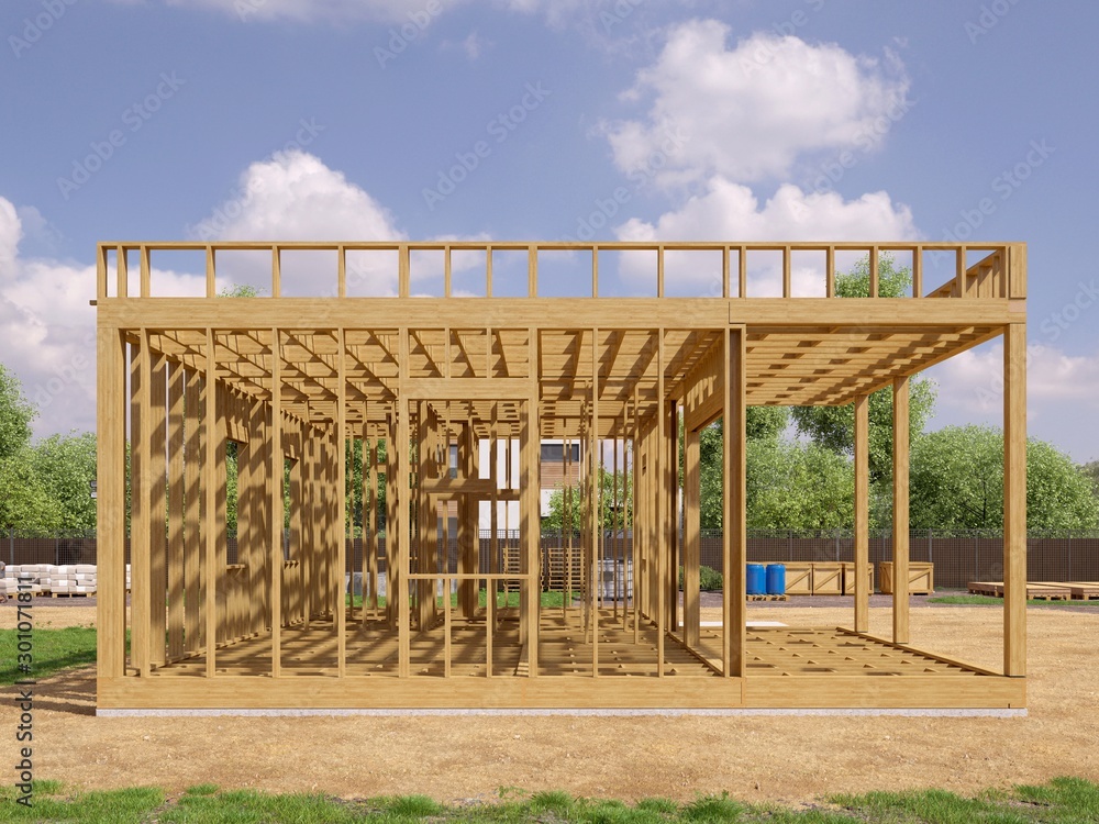 3d image of a frame building under construction. Detailed concept of construction. 3D illustration of frame house. 3d image of a frame building under construction. Detailed concept of construction. 3D illustration of frame house.