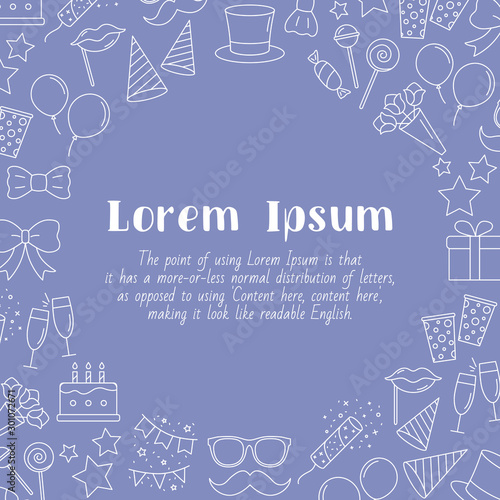 Wallpaper Mural Celebration party card with text and vector outline illustrations of cake, gift, drink, balloon, confetti, hat, fireworks, mask, moustache, lip, candy and etc for graphic design Torontodigital.ca