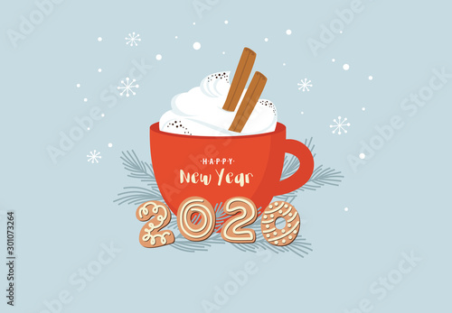 Christmas greeting card, winter invitation with red cup of hot drink. Cocoa or coffee decorated with cinnamone sticks, gingerbread cookie and fir tree branches. illustration background photo