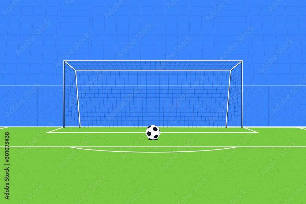Fototapeta premium Football Ball on the background of the football goal and the stands. Soccer concept. Vector illustration