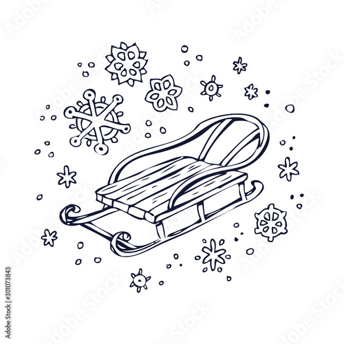 Winter print. Sledge and Snowflakes