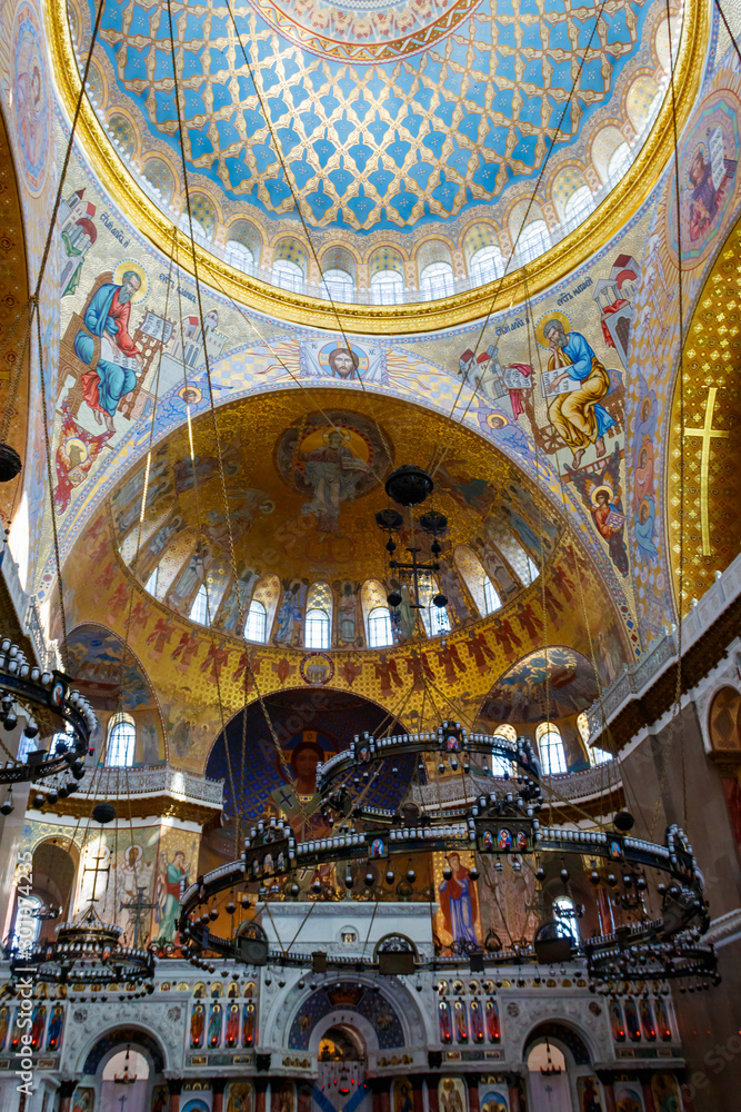 Interior of the orthodox naval cathedral of St. Nicholas in Kronstadt, Russia