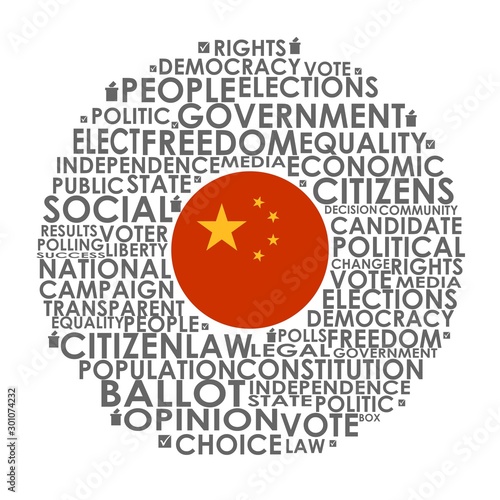 Words cloud relative for voting. Circle frame. Flag of the China