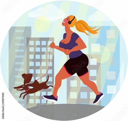 jogger in town with a dog. Vector illustration shows a happy girl with a cheerful dog