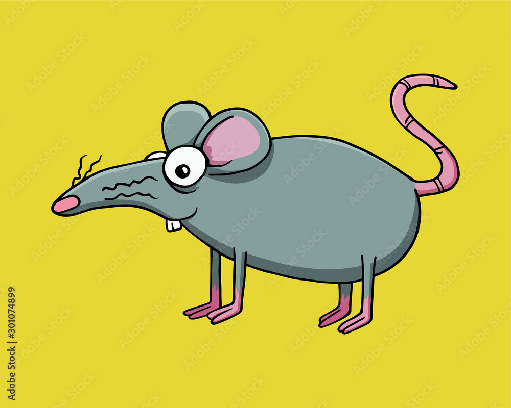 Gray rat or mouse staying on feet sideview and smiling. Vector Illustration isolated on flat yellow background for kids book or for chinese new year of the rat. For children Gray rat or mouse staying on feet sideview and smiling. Vector Illustration isolated on flat yellow background for kids book or for chinese new year of the rat. For children