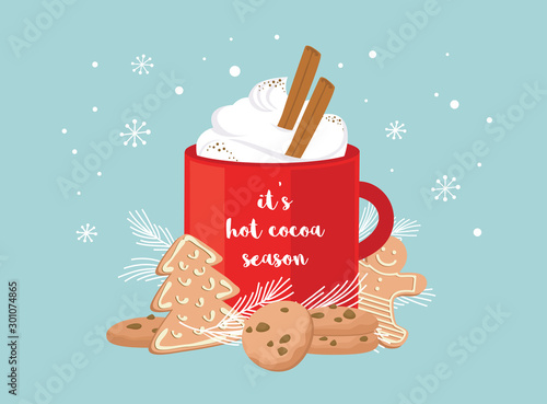 Christmas greeting card, winter invitation with red cup of hot drink. Cocoa or coffee decorated with cinnamone sticks, gingerbread cookie and fir tree branches. illustration background