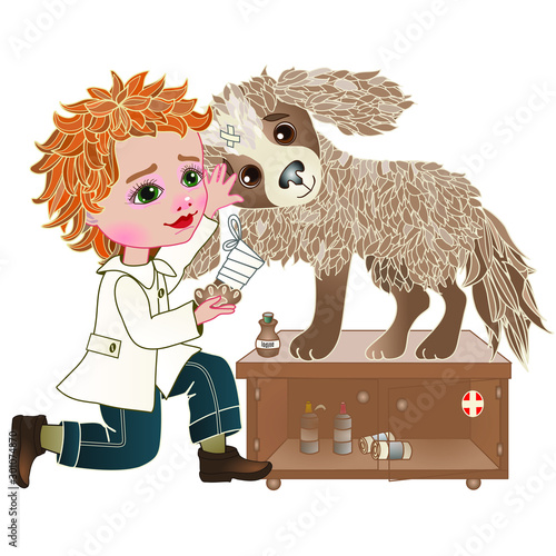 boy in the image of a veterinarian in a medical uniform treats a sick dog who is standing on a medicine cabinet with transparent doors, color clip art on a white isolated background