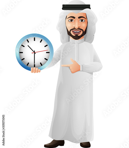 Arab businessman holding and pointing a wall clock