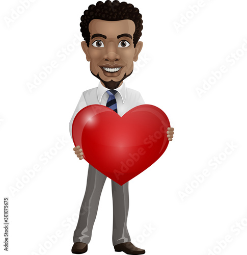 Cartoon happy businessman showing a red heart