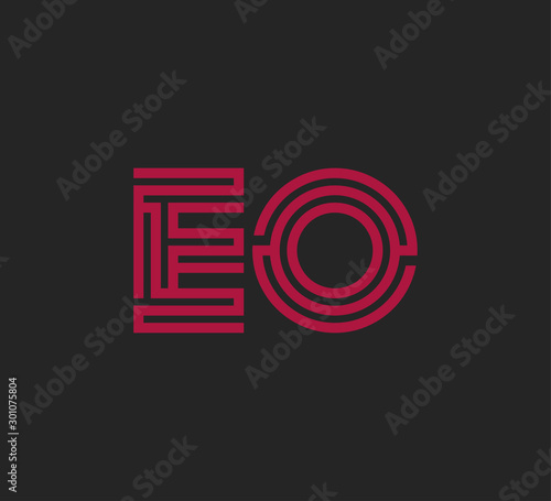 Initial two letter red line shape logo on black vector EO